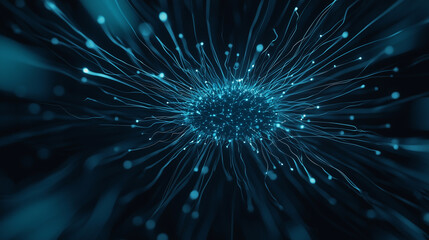 A high-tech AI algorithm glowing in neon blue, with luminous data nodes radiating outward, placed against an abstract bokeh background in deep and light blue tones.