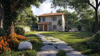 Stone cottage nestled in a lush garden with a stone pathway.