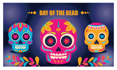 Dead day party, sugar skull for halloween holiday With Floral Decorations.