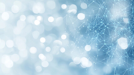 A network of interconnected nodes and lines, forming a digital AI design in electric blue, floats against a dreamy blue bokeh background, representing the power of big data analysi