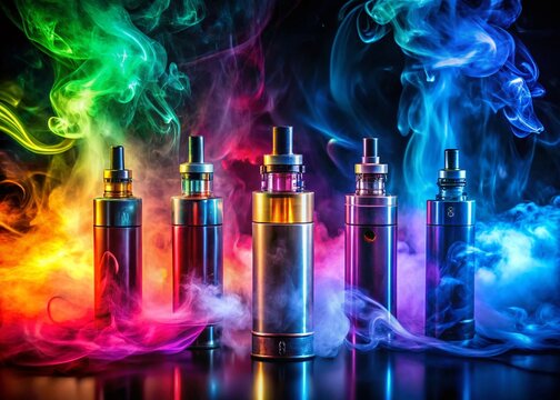 Colorful E-Cigarette Vape Smoke Dark Background High Quality