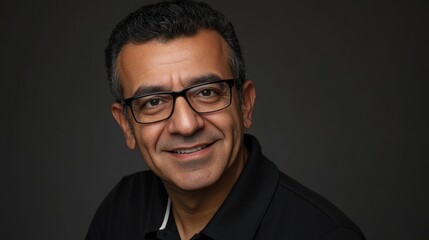 Fototapeta premium Portrait of smiling man wearing glasses with dark shirt