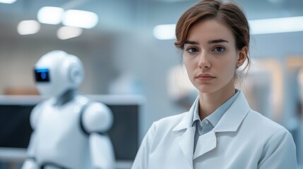 Fototapeta premium Female Scientist Engaged in Augmented Reality Research with AI Robot in Modern Laboratory Setting