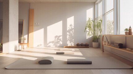 Minimalist Yoga Studio Interior Sunlit Room with Mats Plants  Shelves