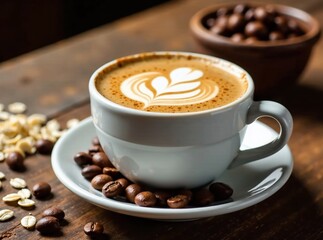 Fototapeta premium Cozy Cappuccino with Oats & Beans - Warm Morning Coffee, Cafe Menu Image