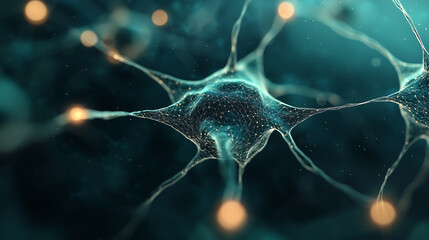 A futuristic digital AI algorithm with a dense network of glowing nodes, radiating light trails across an abstract blue bokeh backdrop, representing AI's role in analyzing massive