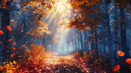 Fototapeta premium Softly colored autumn leaves gently falling in a quiet forest.