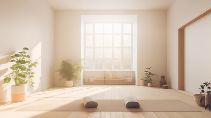 Minimalist Yoga Studio Interior Sunlight Plants Wooden Floor