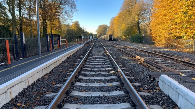 Peaceful railway tracks stretch through an autumn landscape, lined with vibrant leaves, embodying a sense of journey and change.