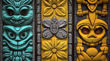 Three carved wooden figures with different colors and designs