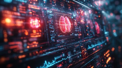 Futuristic digital interface displaying brain activity and data.
