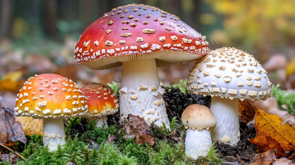 Obraz premium A close-up of different types of mushrooms growing in the forest, surrounded by moss and fallen leaves.