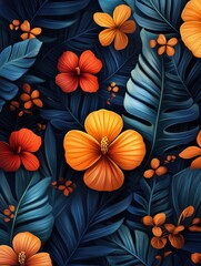 hibiscus flowers with tropical leaves