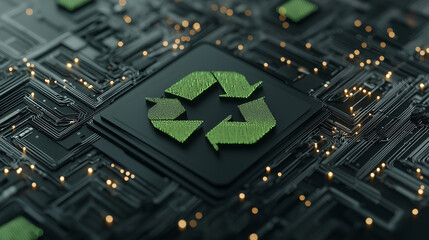 A modern 3D recycling icon in vibrant green, encased within a network of digital arrows and data streams, floating on a deep black background with futuristic light accents.