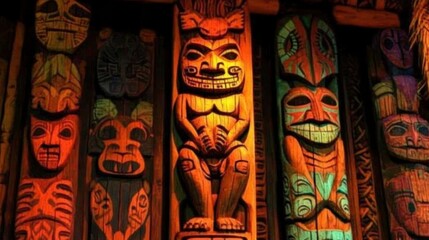 Obraz premium A collection of wooden statues with faces on them