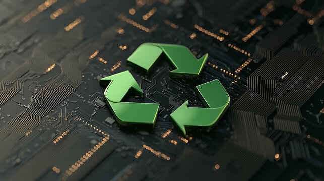 A polished green recycling symbol in 3D, with glowing digital arrows orbiting around it, set on a dark tech-inspired background with subtle circuit board designs.