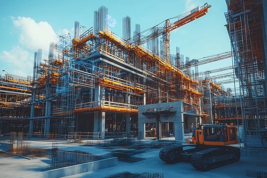 Cutting Edge Futuristic Construction Site with Holographic Overlays and Robotic Automation