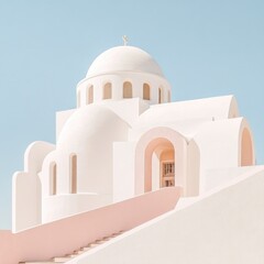 Modern White Church Architecture with Dome and Pink Accents for Print Design
