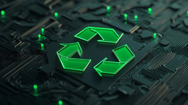 A vivid 3D recycling symbol in green, highlighted by luminous arrows that rotate around it, set against a dark, textured background with a tech-centric design.