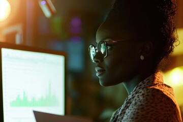 Minimalist Professional Afro Woman in Office with Glasses Analyzing Data Charts