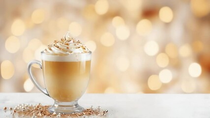 Indulge in a creamy coffee beverage adorned with whipped topping and festive decorations