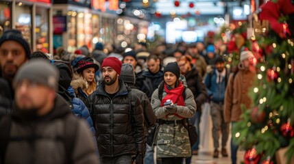Naklejka premium Crowded Christmas shopping mall with diverse people.