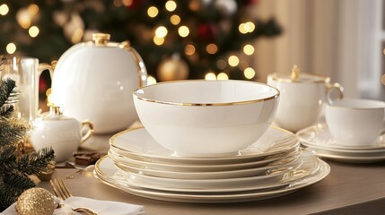Stylish table arrangement with white dinnerware and gold accents, set against a festive background with warm lighting