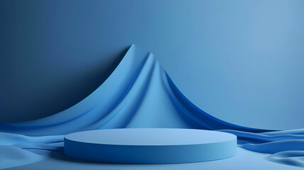 Serene Blue Minimalist Product Display: An elegant, minimalist product display features a circular podium draped with flowing fabric, all rendered in soothing shades of blue.