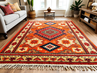 An orange and beige tribal design rug, showcasing intricate patterns and vibrant colors, enhancing the room's decor.