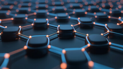 Obraz premium A futuristic network of interconnected glowing blue nodes and lines, forming an abstract digital web against a dark blue bokeh background, symbolizing technology and data communica