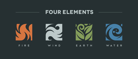 Four elements harmony astrology ecology fire water wind earth icons set vector logo