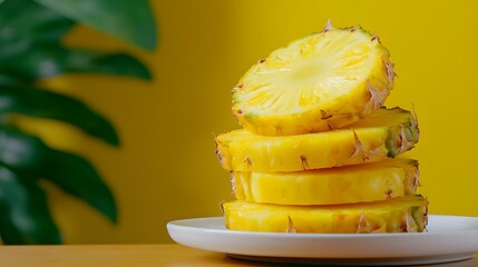 A fresh plate of sliced pineapple with juice nearby on a white table