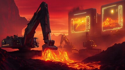 Massive Excavators Navigating Alien Volcanic Landscapes with Holographic Lava Flow Simulations