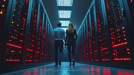 Digital Backbone Businesspeople Navigating a Vital Server Room for Data Driven Corporate Success
