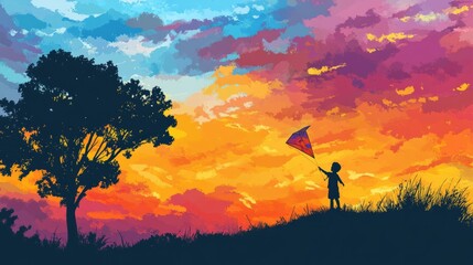 Obraz premium Silhouette of a child flying a kite on a h