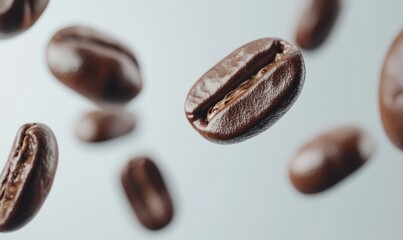 Fototapeta premium Floating Coffee Beans in Air with Light Background Capturing the Essence of Freshness and Artistry in a Suspended Moment for Culinary Enthusiasts and Coffee Lovers