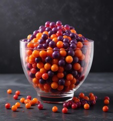 A bowl filled with popping boba balls in shades of red, orange, and purple on a dark grey background, contrasting backgrounds, desserts, popbingoballs