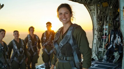 Fototapeta premium Aviation crew in helicopter basking in sunset light