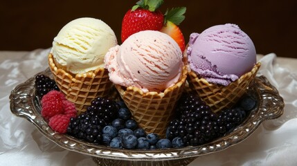 Trio of ice cream scoops in waffle cones, showcasing pastel colors and garnished with fruits.