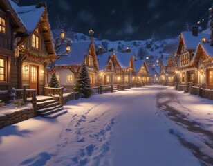 Fototapeta premium A Christmas Eve scene with a snowy village and festive lights , snow,