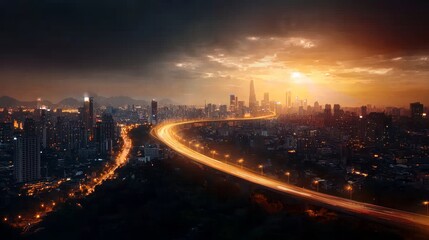 Fototapeta premium Sunset cityscape view urban skyline photography evening atmosphere panoramic perspective urban exploration