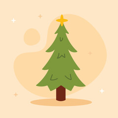 Merry Christmas simple card Christmas tree with star Flat christmas tree illustration