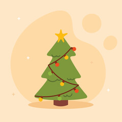 Merry Christmas simple card Christmas tree with garland Flat christmas tree illustration