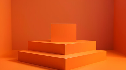 Orange Minimalist Product Display: A three-tiered orange platform stands in a minimalist, vibrant orange studio, ready to showcase your products in a modern and eye-catching presentation.