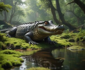 Fototapeta premium A giant alligator holds sway over a moss-covered rock in the heart of the bayou , giant alligator, murky waters