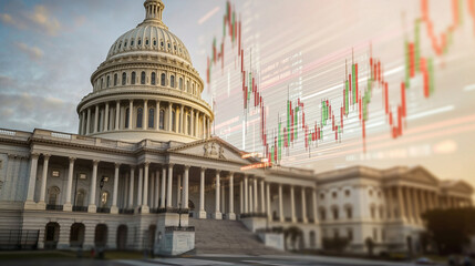 The Capitol Building&acirc;s classical architecture juxtaposed with futuristic financial data streams, colorful stock tickers, and percentages flowing dynamically across the scene.