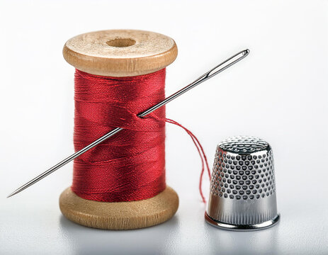 Una bobina de hilo rojo junto a una aguja y un dedal de costura para sastres modistas dise&ntilde;o de moda confecci&oacute;n textil sastrer&iacute;a, moda y trabajos artesanales