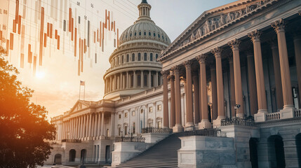A detailed close-up of the Capitol Building dome under clear daylight, overlaid with cascading financial tickers and percentage indicators in bold, vibrant colors.
