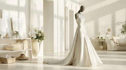 A side view photograph of a mannequin dressed in a minimalist wedding gown with soft flowing satin fabric