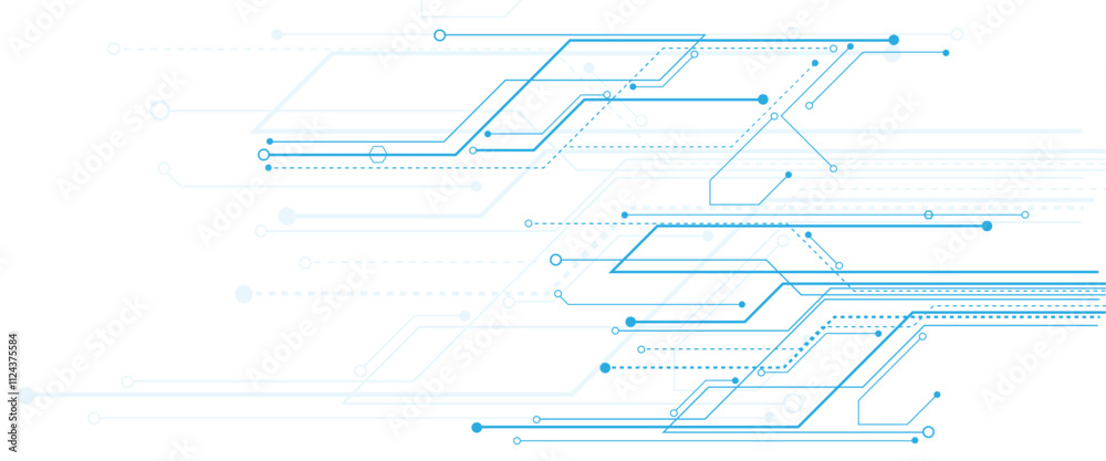 Poster Global communication technology background design, blue Abstract geometric dots and lines connection circuit concept.